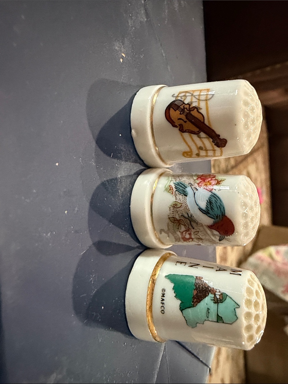 Vintage Ceramic Thimbles - White with Gold Trim and Decorative Motifs